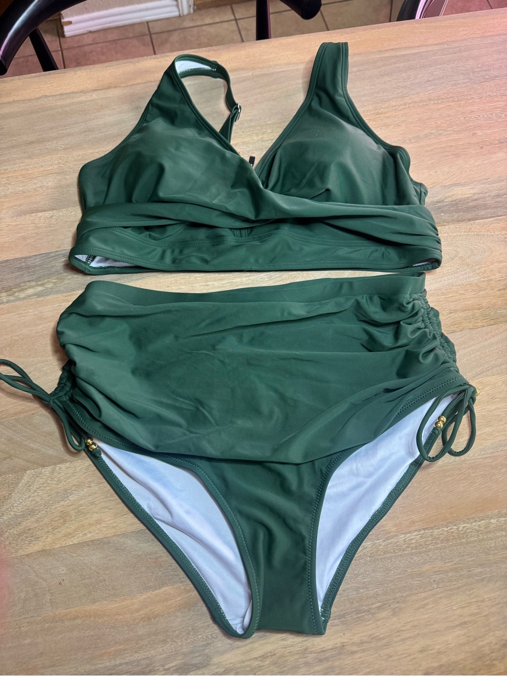 Olive Green Ruched High-Waist Bikini Set